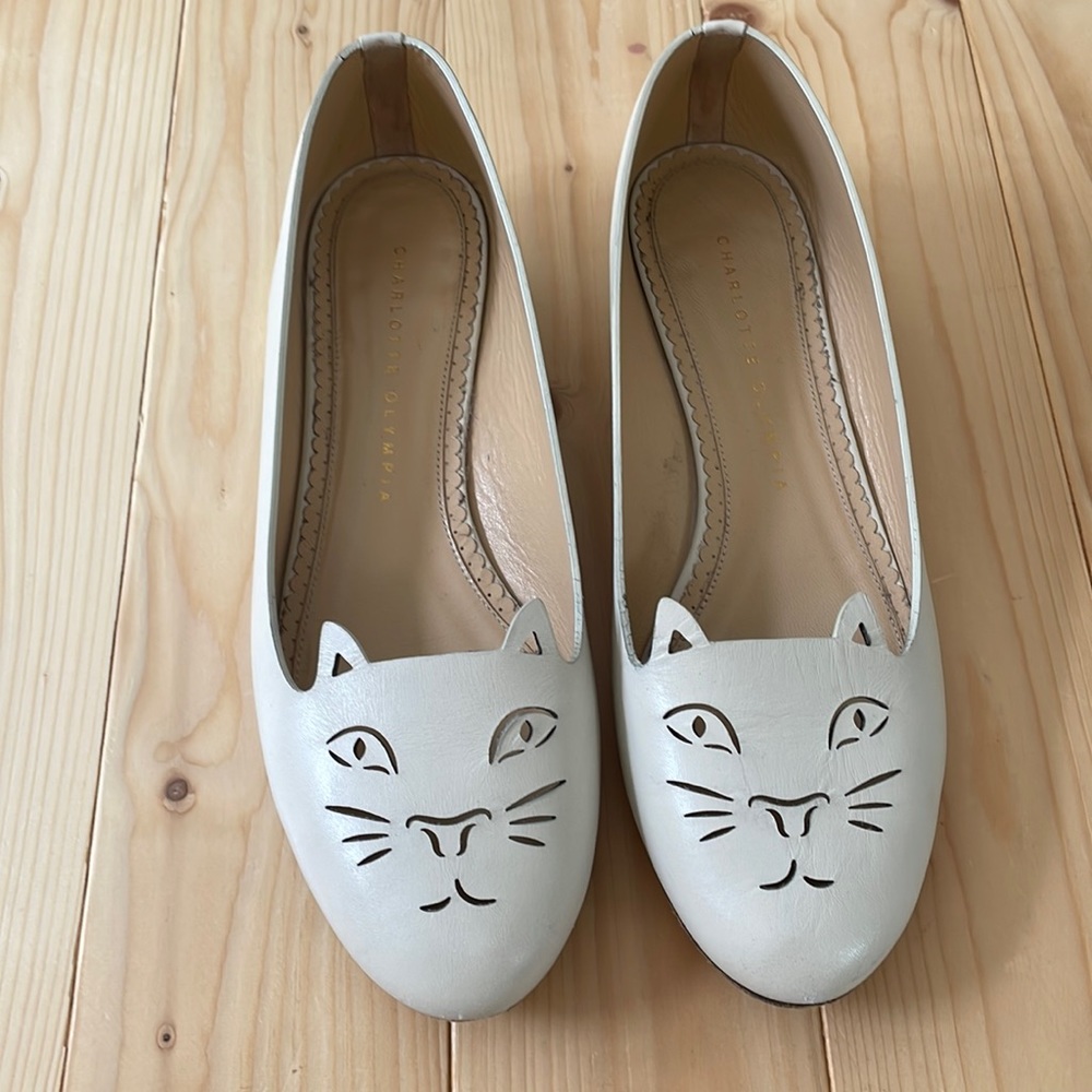 Charlotte Olympia off-white leather Kitty Cat flats.